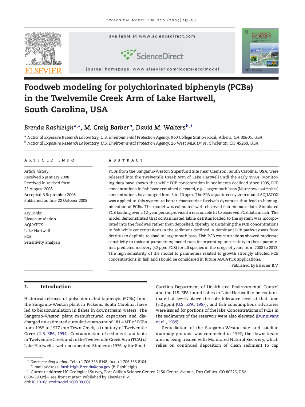 Foodweb modeling for polychlorinated biphenyls (PCBs) in the Twelvemile Creek Arm of Lake Hartwell, South Carolina, USA