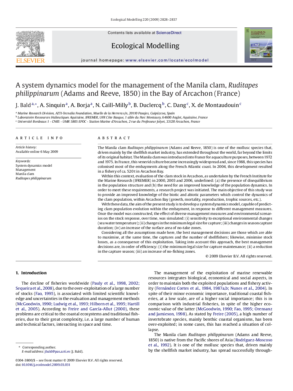 A system dynamics model for the management of the Manila clam, Ruditapes philippinarum (Adams and Reeve, 1850) in the Bay of Arcachon (France)