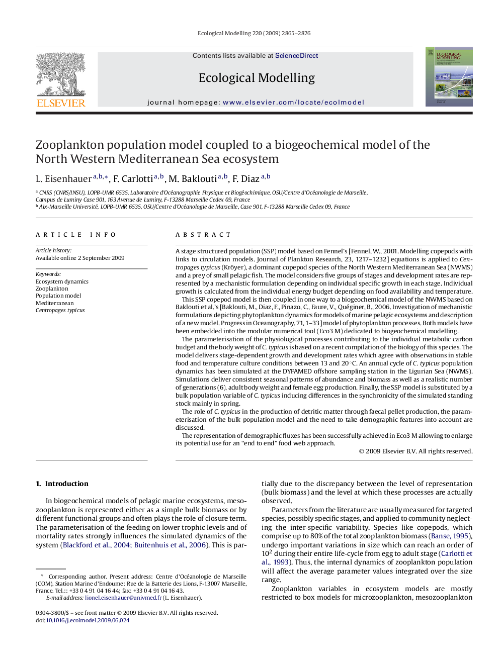 Zooplankton population model coupled to a biogeochemical model of the North Western Mediterranean Sea ecosystem