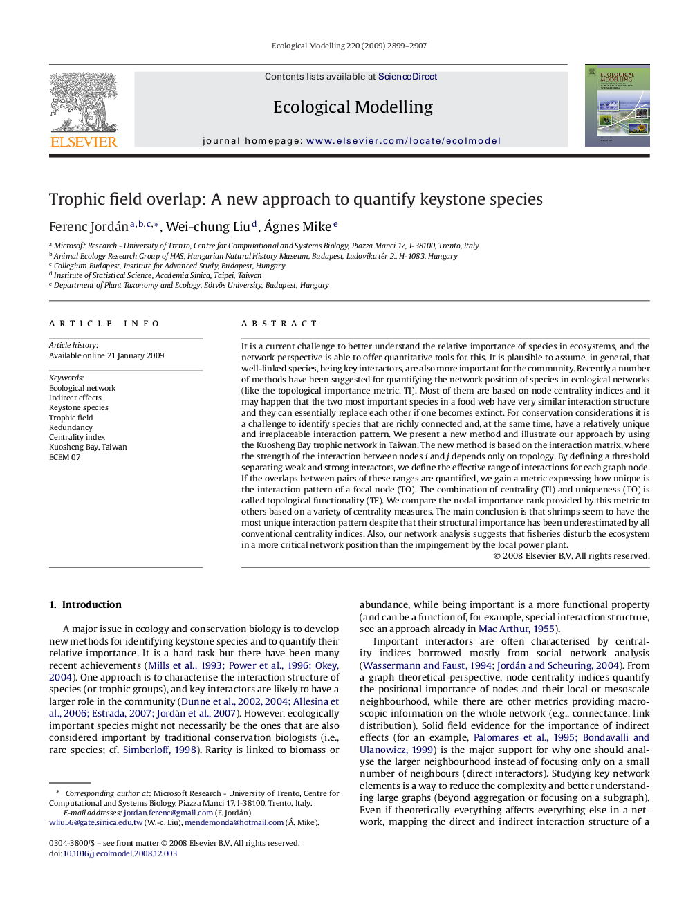 Trophic field overlap: A new approach to quantify keystone species