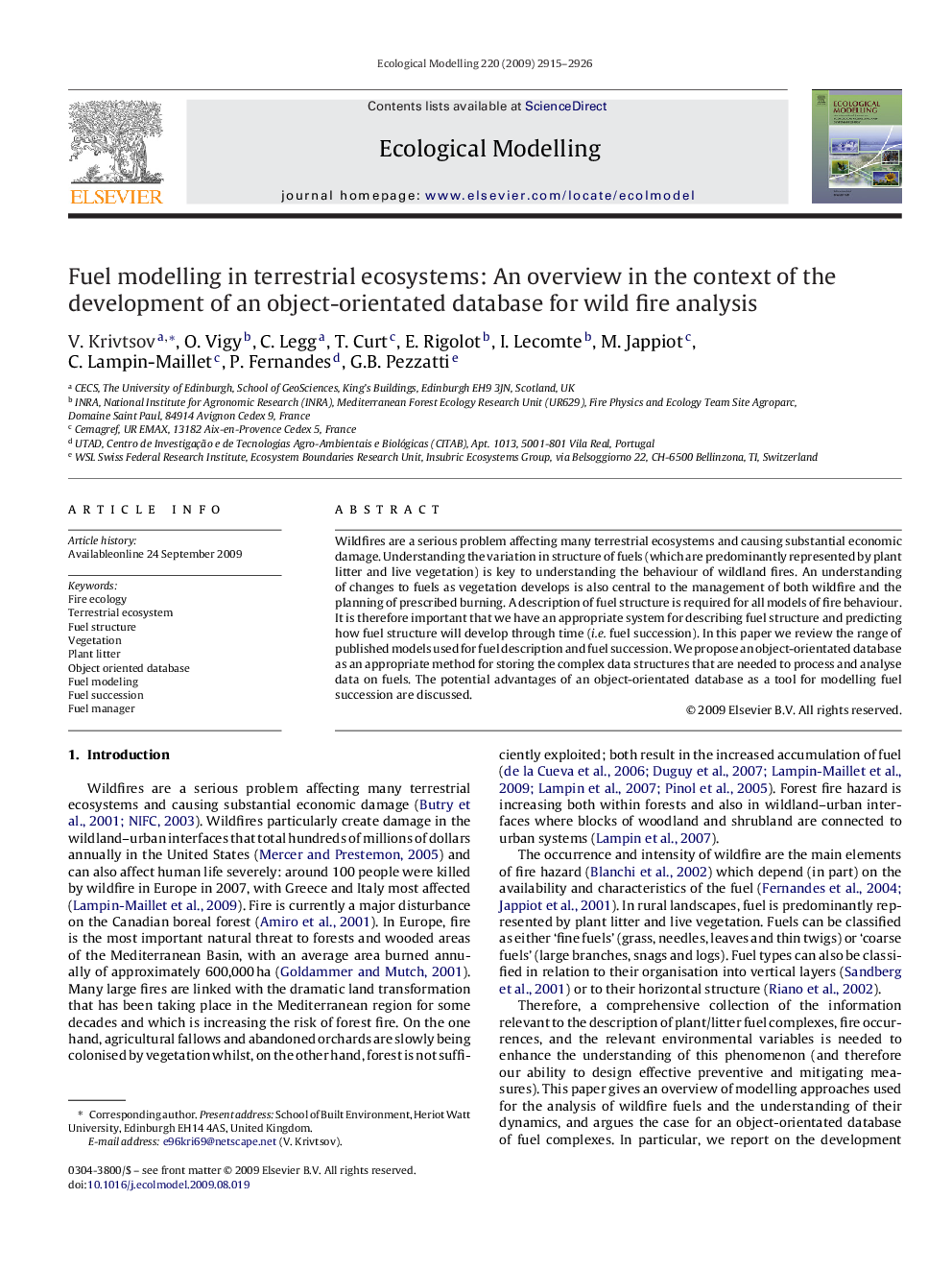 Fuel modelling in terrestrial ecosystems: An overview in the context of the development of an object-orientated database for wild fire analysis