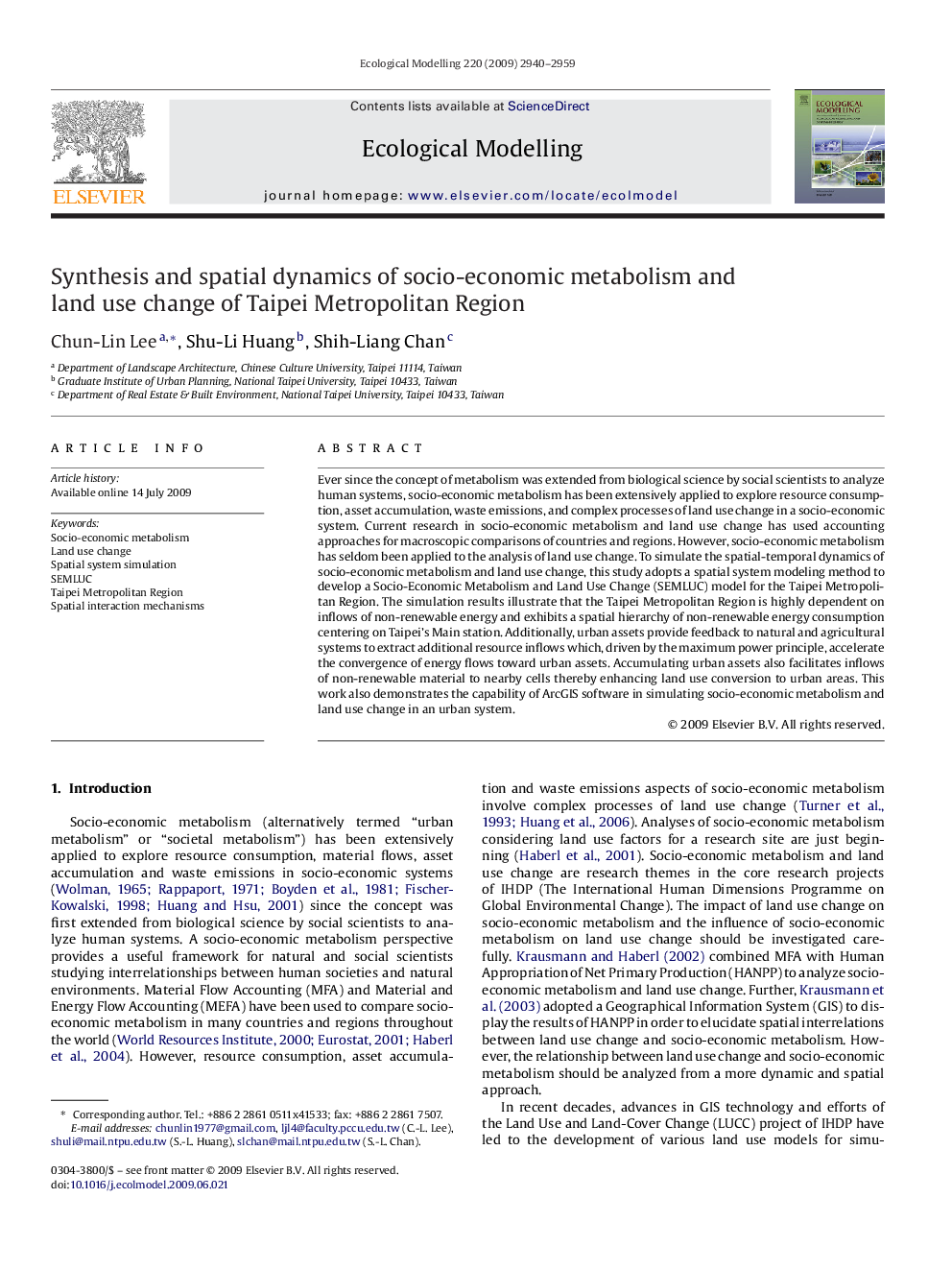 Synthesis and spatial dynamics of socio-economic metabolism and land use change of Taipei Metropolitan Region