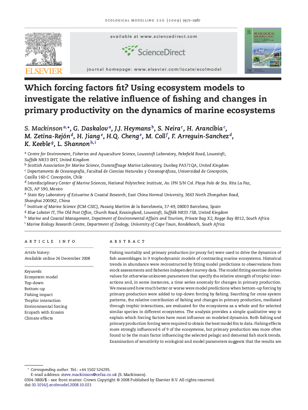 Which forcing factors fit? Using ecosystem models to investigate the relative influence of fishing and changes in primary productivity on the dynamics of marine ecosystems