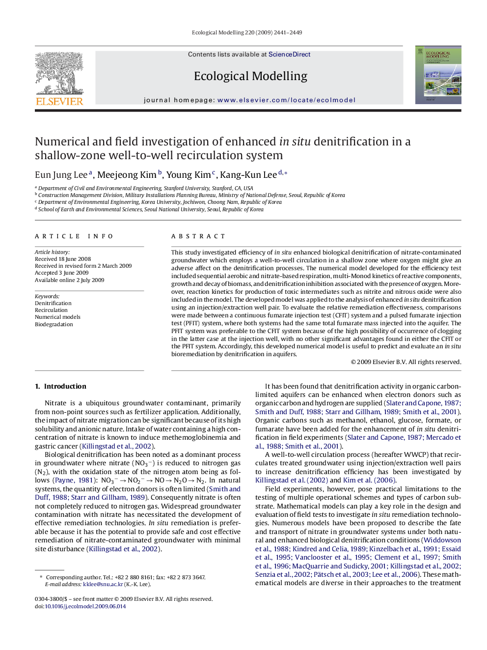 Numerical and field investigation of enhanced in situ denitrification in a shallow-zone well-to-well recirculation system