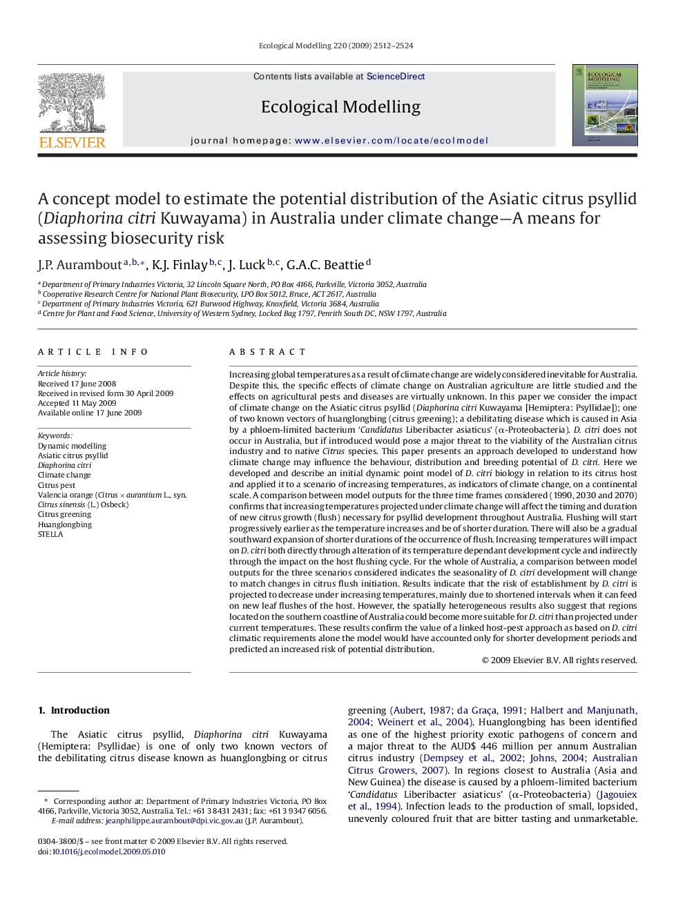 A concept model to estimate the potential distribution of the Asiatic citrus psyllid (Diaphorina citri Kuwayama) in Australia under climate change—A means for assessing biosecurity risk