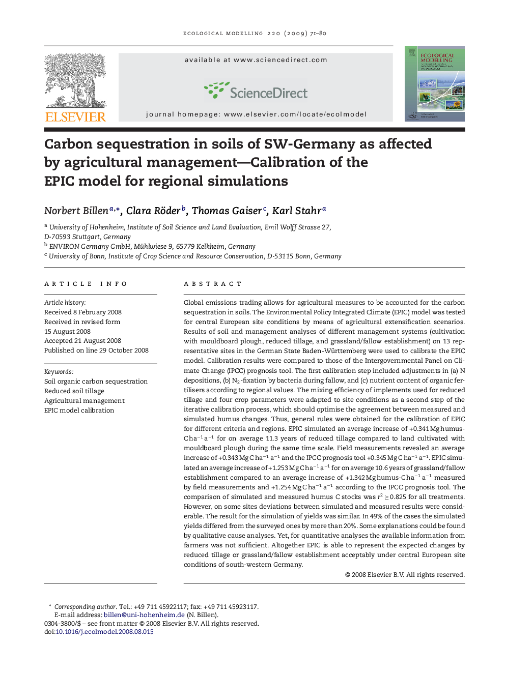 Carbon sequestration in soils of SW-Germany as affected by agricultural management-Calibration of the EPIC model for regional simulations