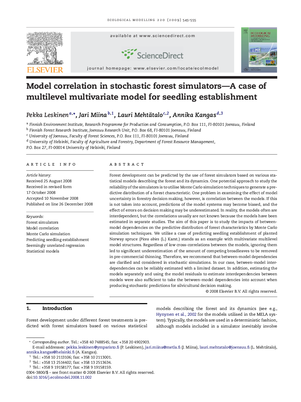 Model correlation in stochastic forest simulators-A case of multilevel multivariate model for seedling establishment