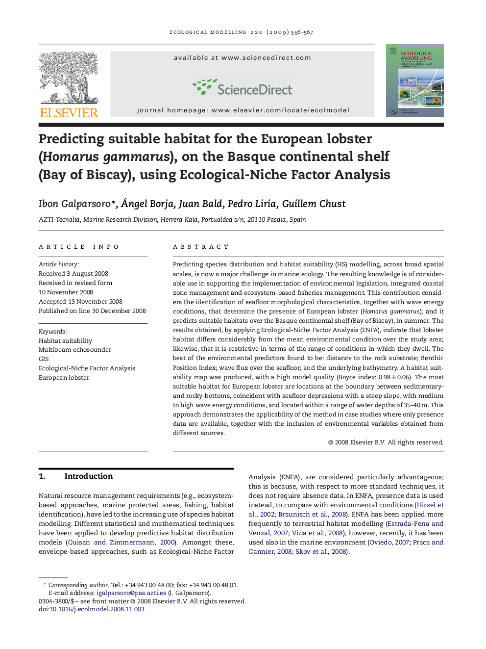 Predicting suitable habitat for the European lobster (Homarus gammarus), on the Basque continental shelf (Bay of Biscay), using Ecological-Niche Factor Analysis