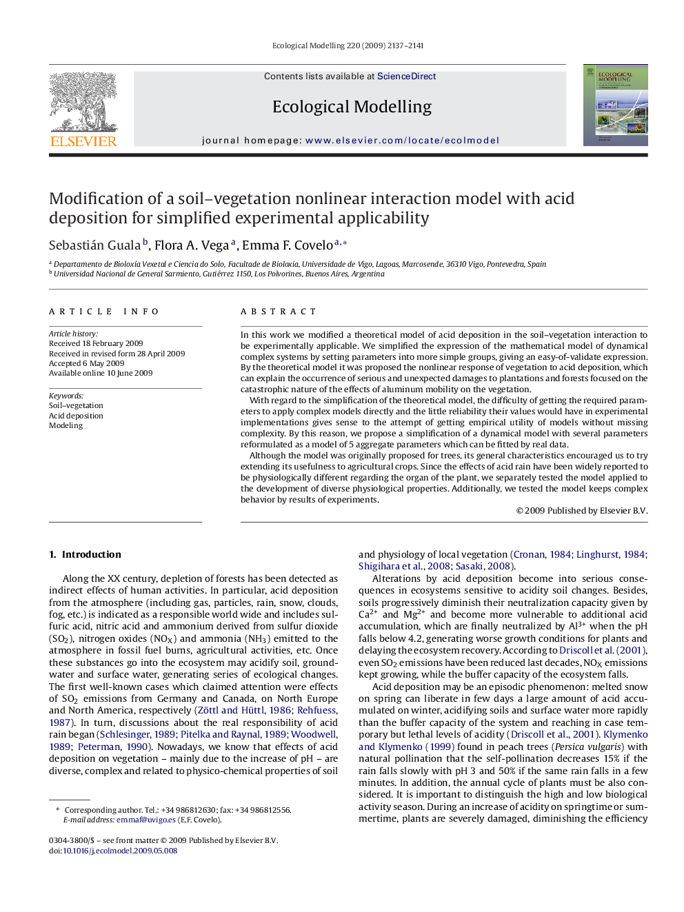 Modification of a soil-vegetation nonlinear interaction model with acid deposition for simplified experimental applicability