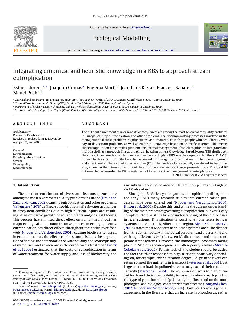 Integrating empirical and heuristic knowledge in a KBS to approach stream eutrophication