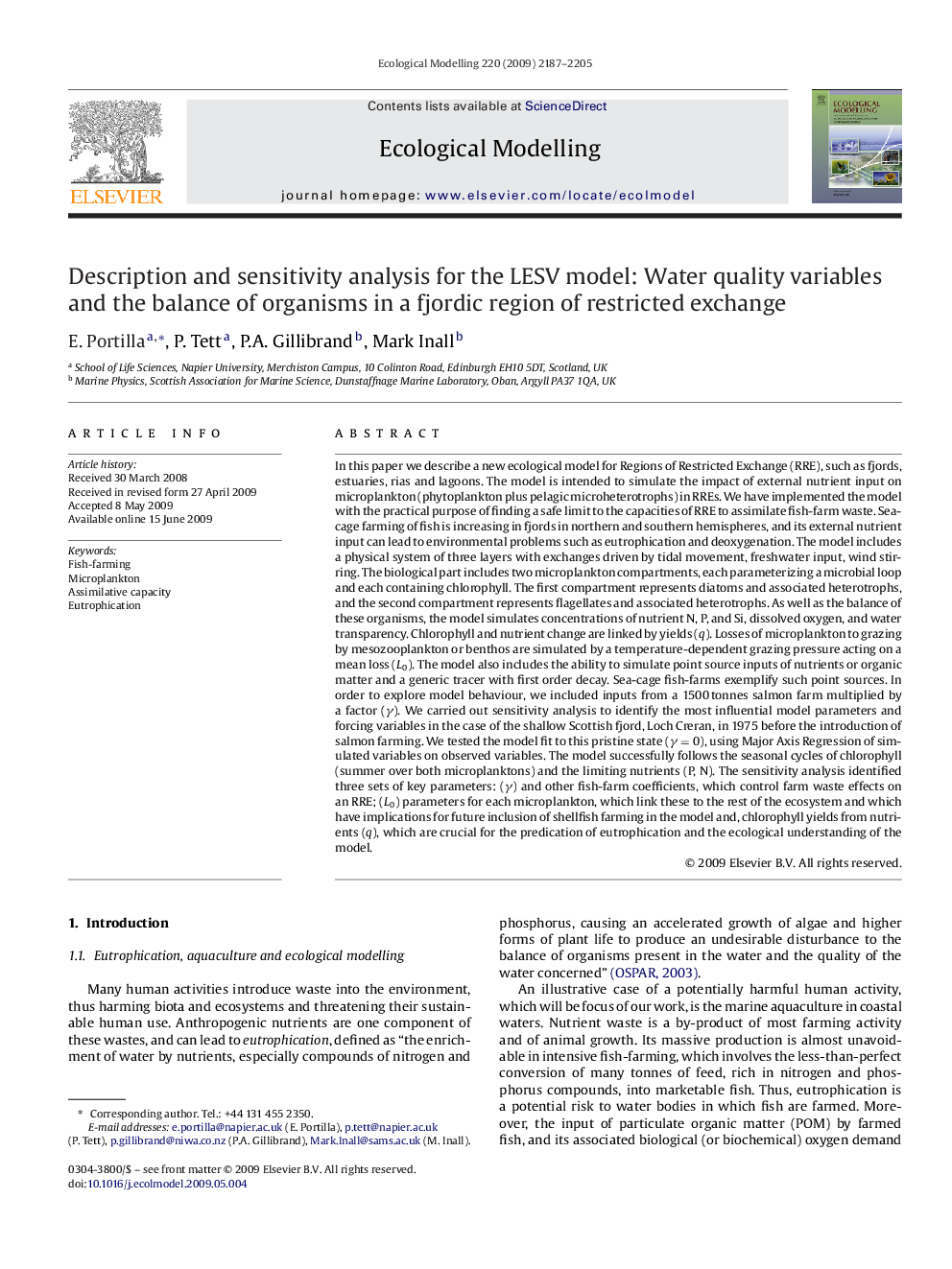 Description and sensitivity analysis for the LESV model: Water quality variables and the balance of organisms in a fjordic region of restricted exchange