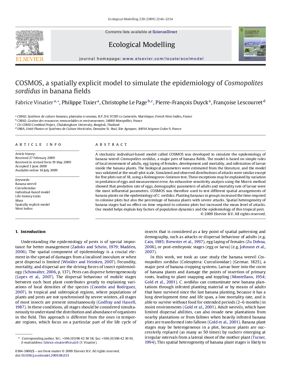 COSMOS, a spatially explicit model to simulate the epidemiology of Cosmopolites sordidus in banana fields