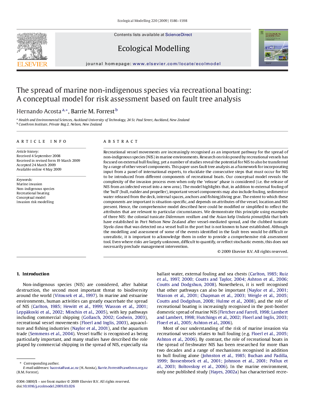 The spread of marine non-indigenous species via recreational boating: A conceptual model for risk assessment based on fault tree analysis