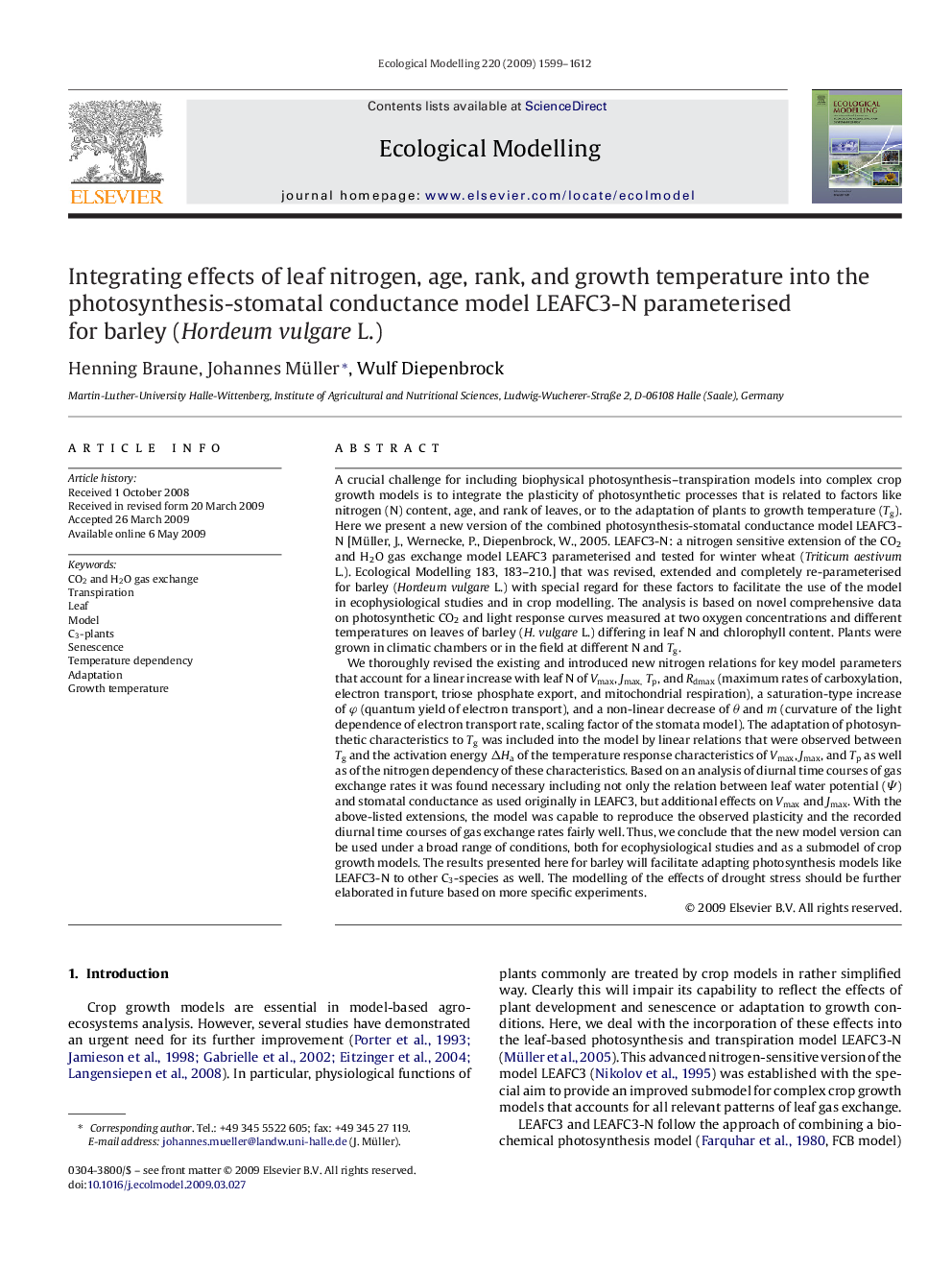 Integrating effects of leaf nitrogen, age, rank, and growth temperature into the photosynthesis-stomatal conductance model LEAFC3-N parameterised for barley (Hordeum vulgare L.)