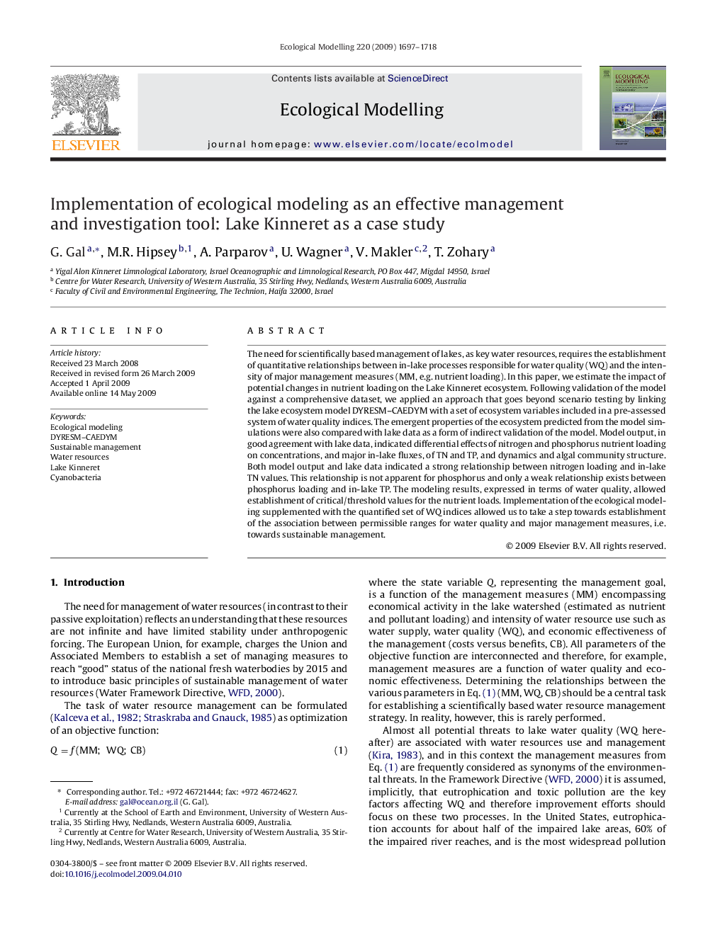 Implementation of ecological modeling as an effective management and investigation tool: Lake Kinneret as a case study