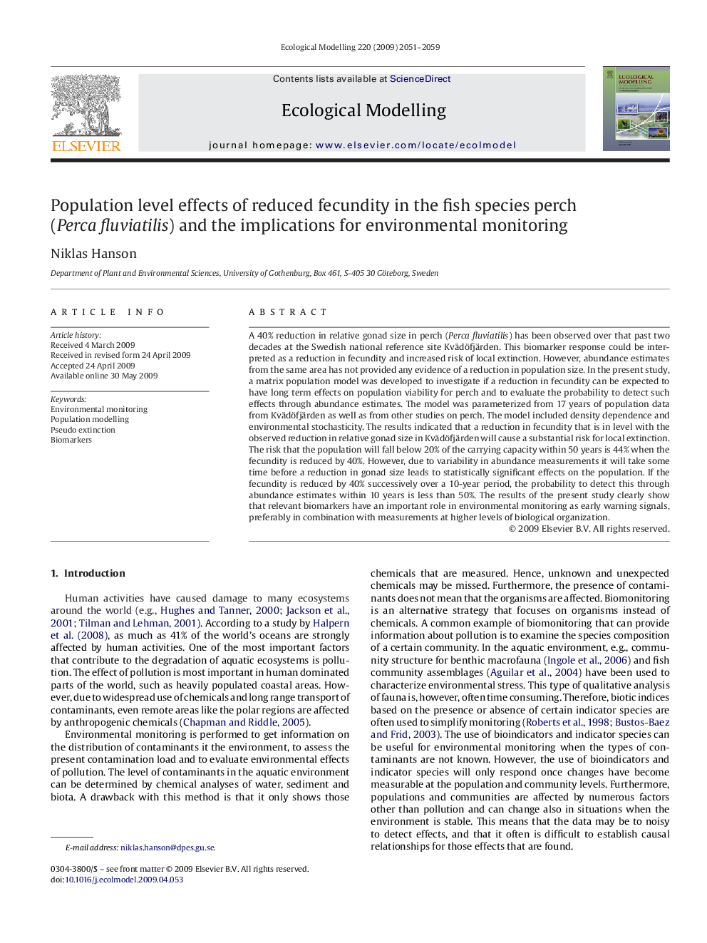 Population level effects of reduced fecundity in the fish species perch (Perca fluviatilis) and the implications for environmental monitoring