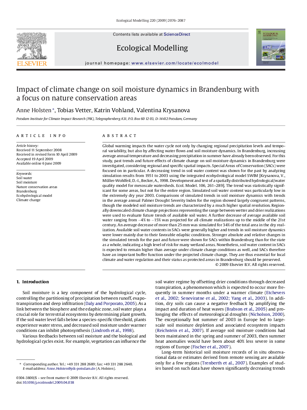 Impact of climate change on soil moisture dynamics in Brandenburg with a focus on nature conservation areas