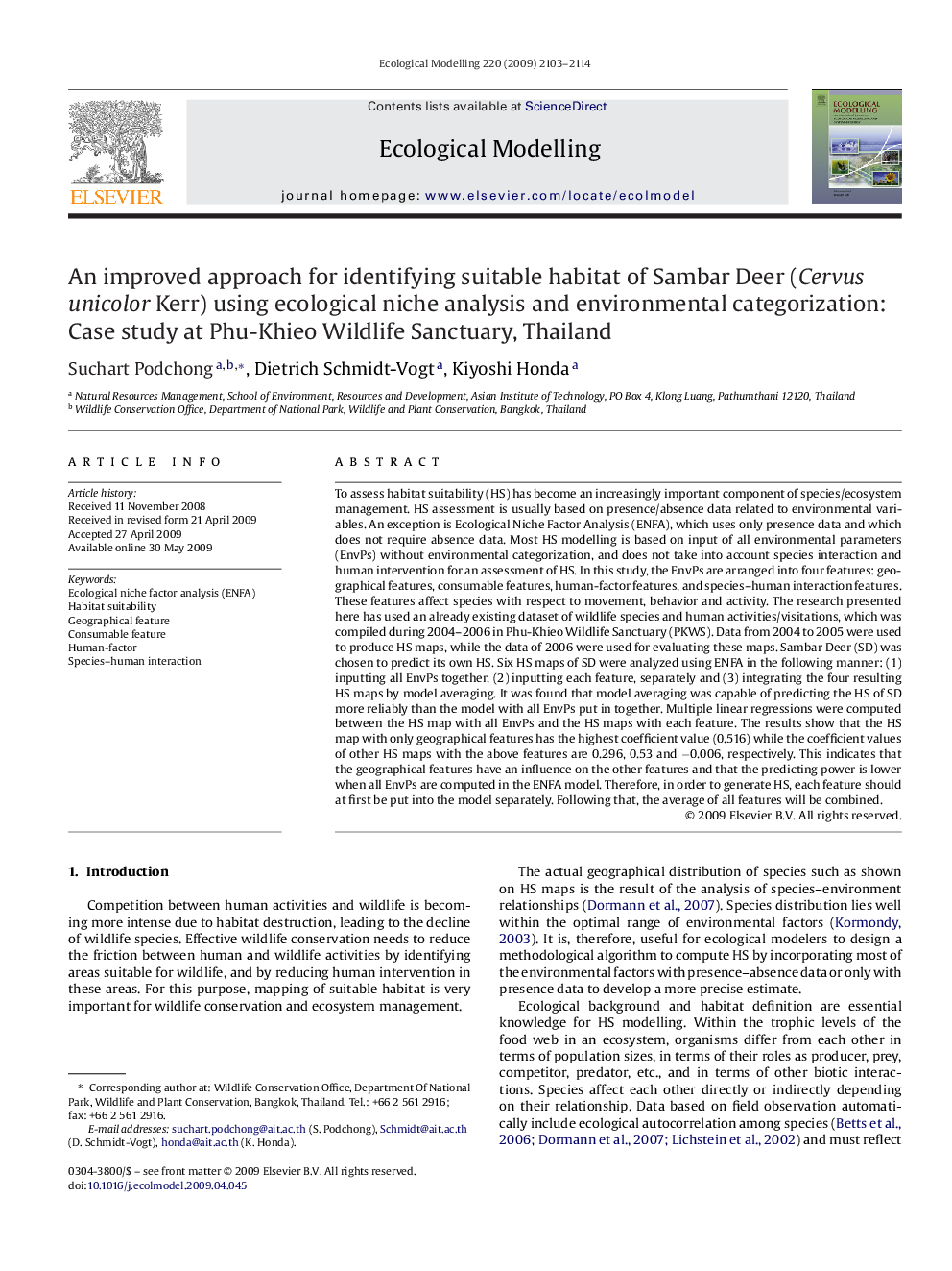 An improved approach for identifying suitable habitat of Sambar Deer (Cervus unicolor Kerr) using ecological niche analysis and environmental categorization: Case study at Phu-Khieo Wildlife Sanctuary, Thailand