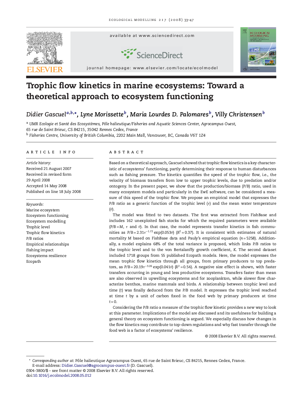 Trophic flow kinetics in marine ecosystems: Toward a theoretical approach to ecosystem functioning