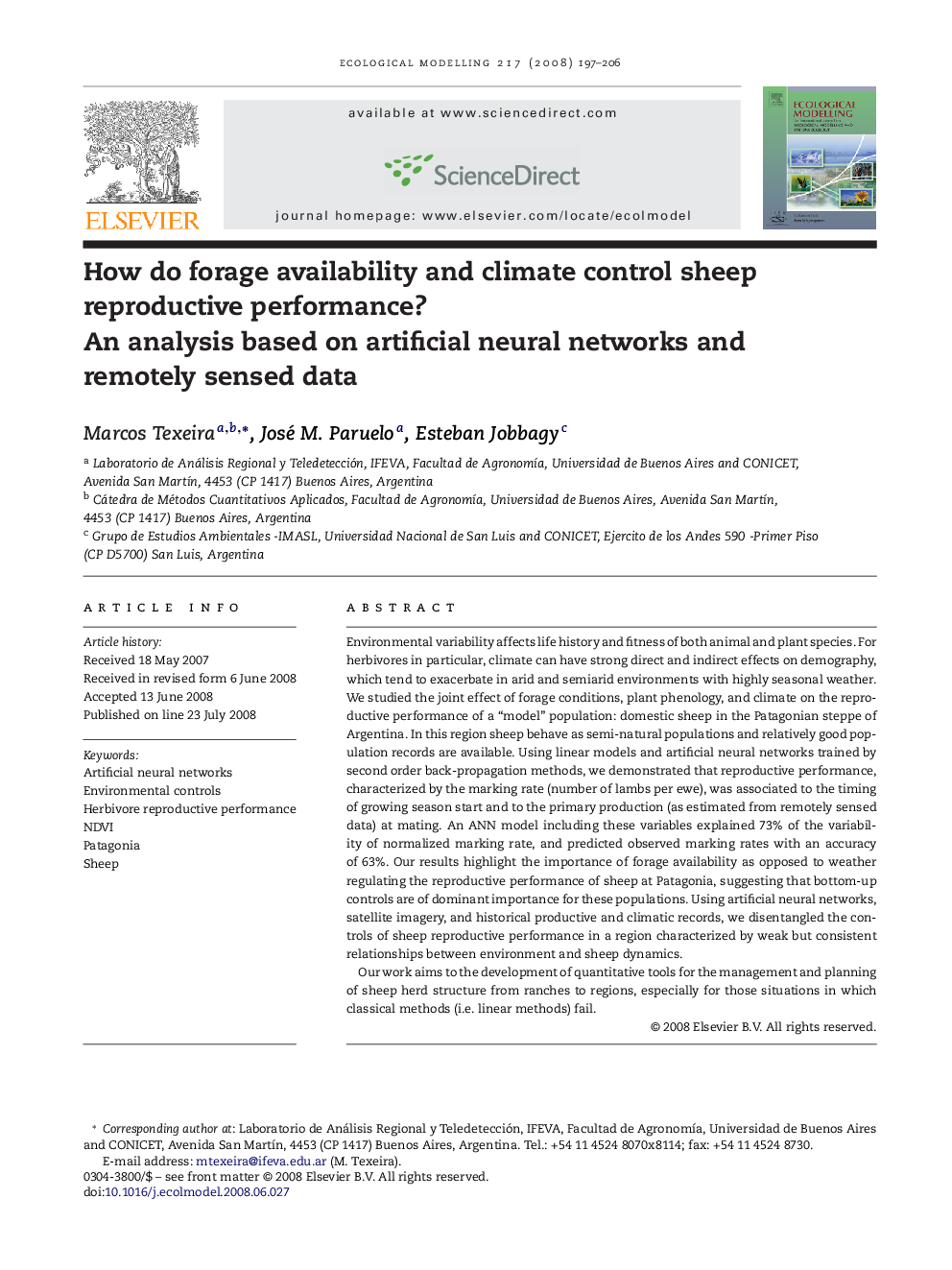 How do forage availability and climate control sheep reproductive performance?: An analysis based on artificial neural networks and remotely sensed data