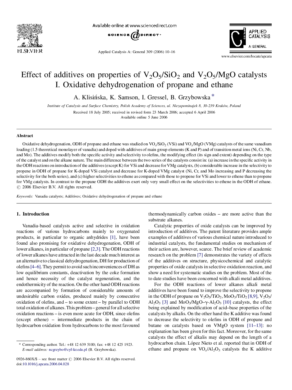 Effect of additives on properties of V2O5/SiO2 and V2O5/MgO catalysts: I. Oxidative dehydrogenation of propane and ethane
