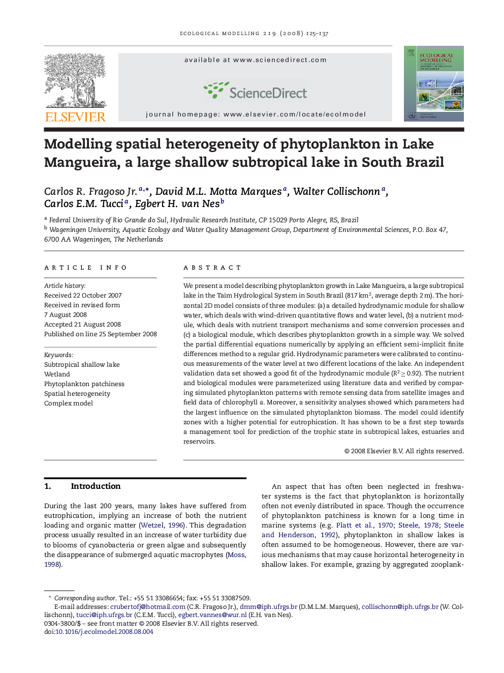 Modelling spatial heterogeneity of phytoplankton in Lake Mangueira, a large shallow subtropical lake in South Brazil