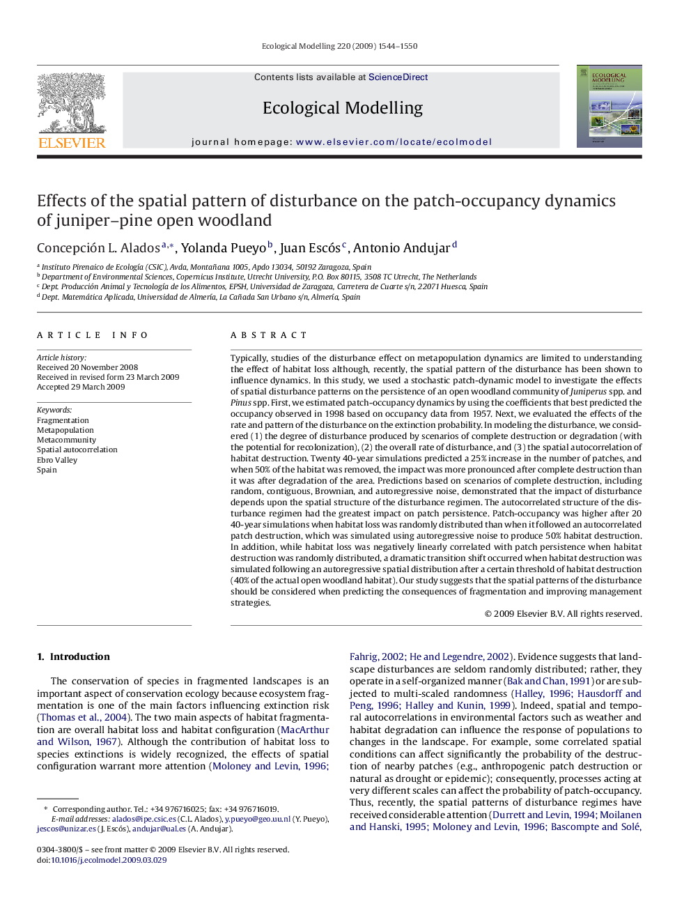 Effects of the spatial pattern of disturbance on the patch-occupancy dynamics of juniper-pine open woodland