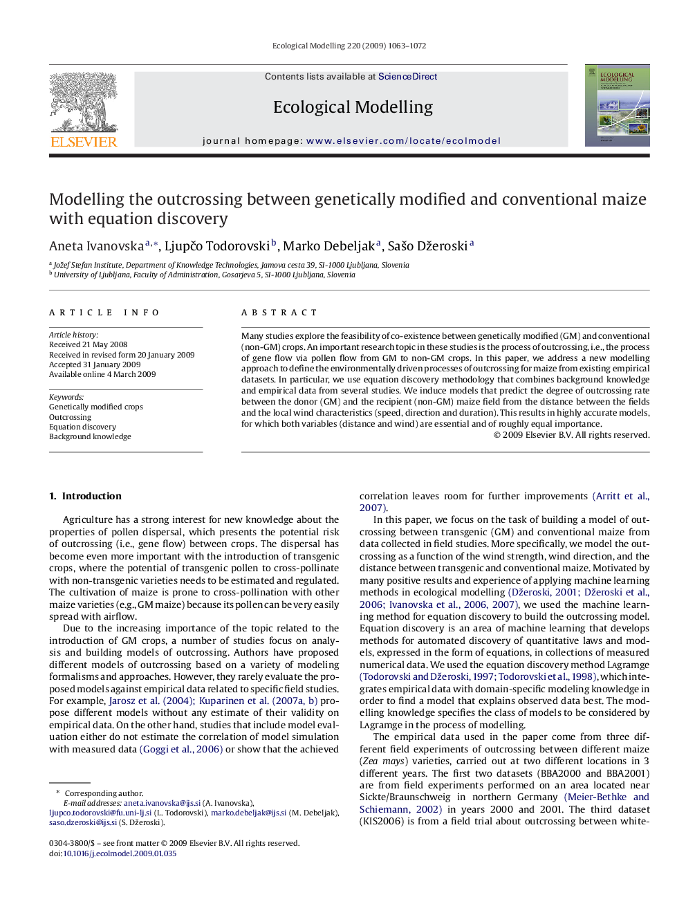 Modelling the outcrossing between genetically modified and conventional maize with equation discovery