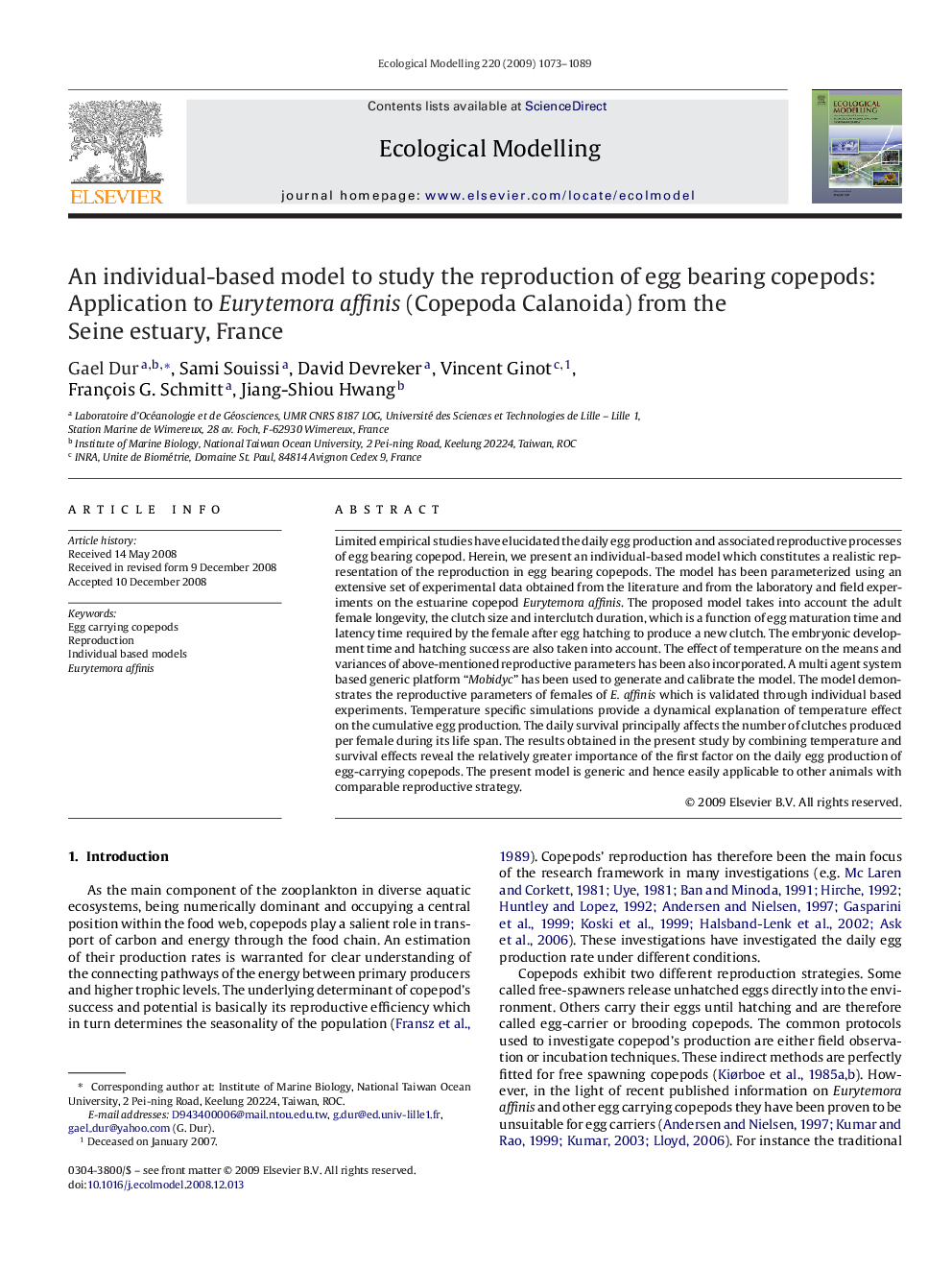 An individual-based model to study the reproduction of egg bearing copepods: Application to Eurytemora affinis (Copepoda Calanoida) from the Seine estuary, France