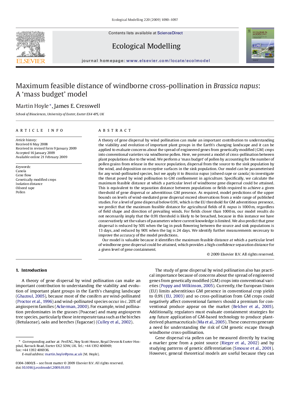 Maximum feasible distance of windborne cross-pollination in Brassica napus: A ‘mass budget’ model