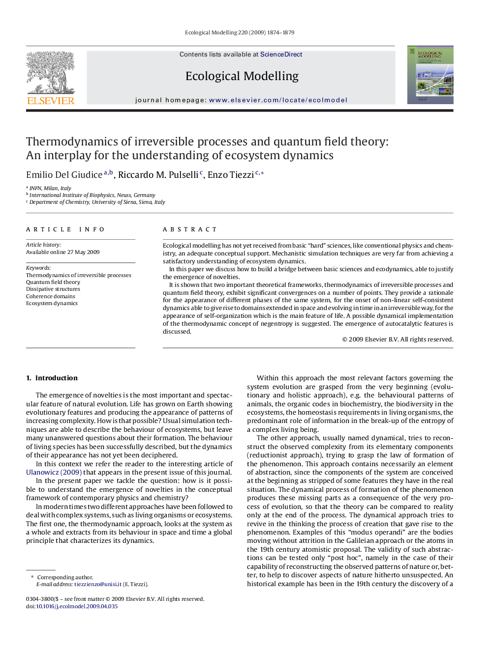 Thermodynamics of irreversible processes and quantum field theory: An interplay for the understanding of ecosystem dynamics