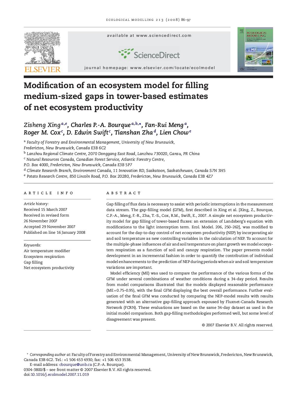 Modification of an ecosystem model for filling medium-sized gaps in tower-based estimates of net ecosystem productivity