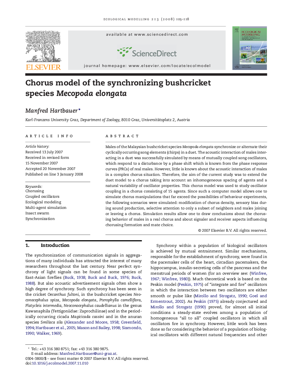 Chorus model of the synchronizing bushcricket species Mecopoda elongata