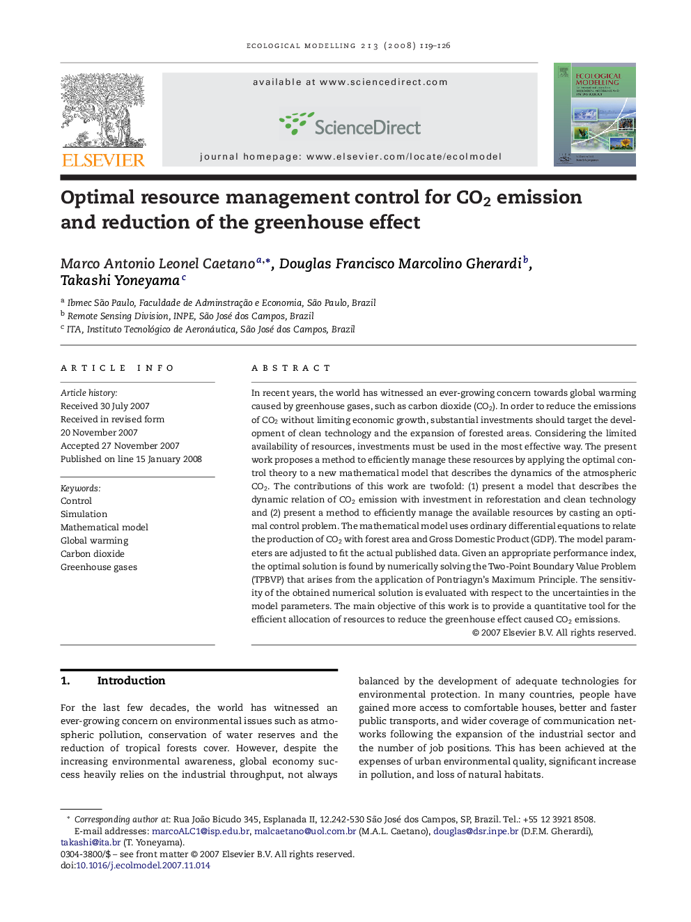 Optimal resource management control for CO2 emission and reduction of the greenhouse effect