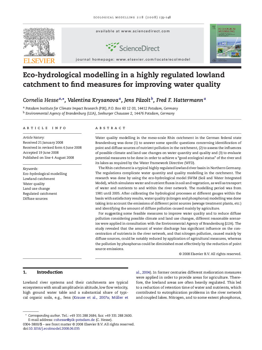 Eco-hydrological modelling in a highly regulated lowland catchment to find measures for improving water quality