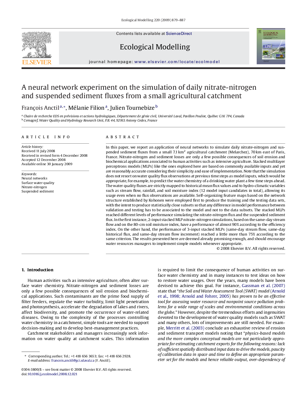 A neural network experiment on the simulation of daily nitrate-nitrogen and suspended sediment fluxes from a small agricultural catchment