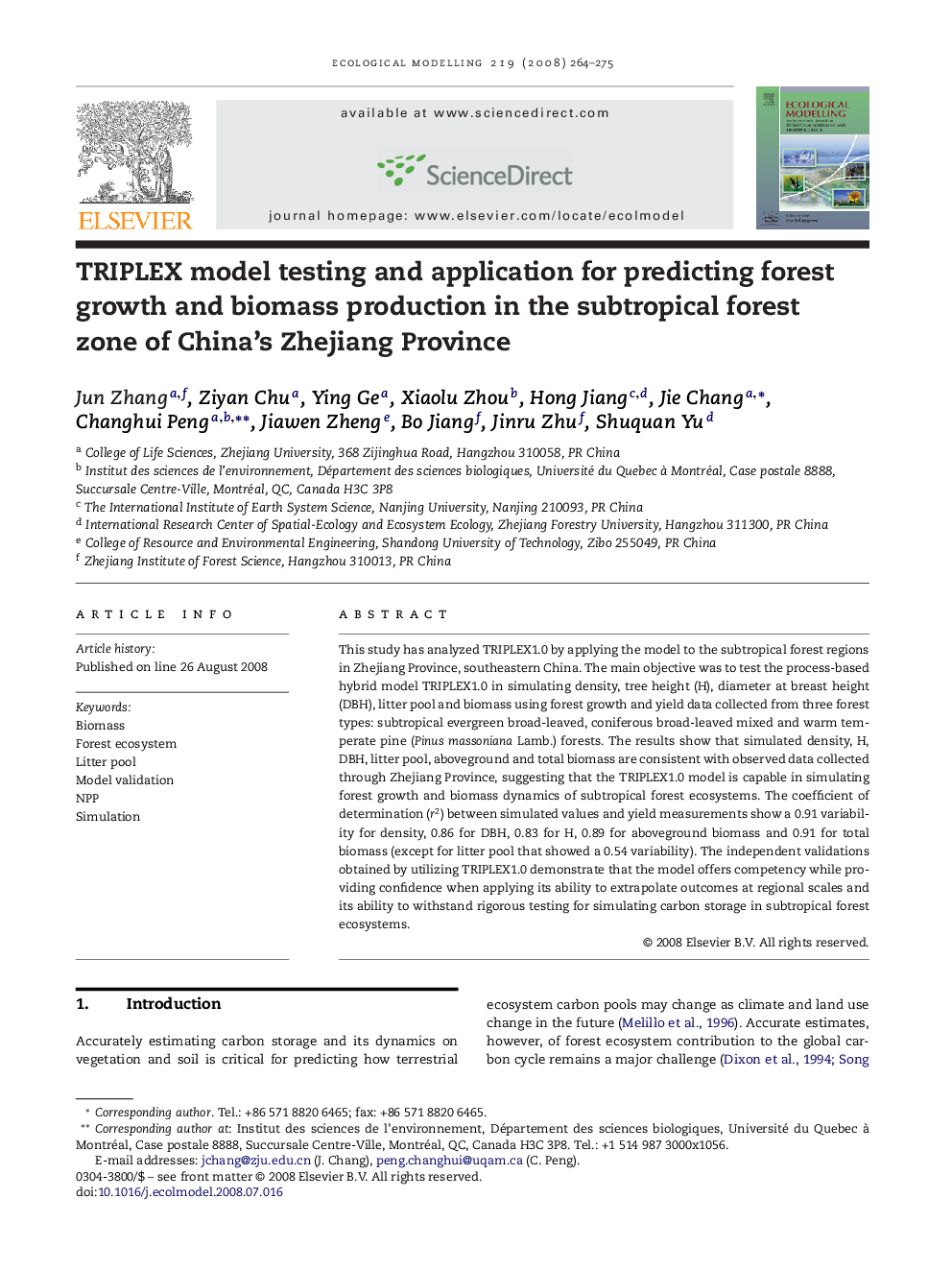 TRIPLEX model testing and application for predicting forest growth and biomass production in the subtropical forest zone of China's Zhejiang Province