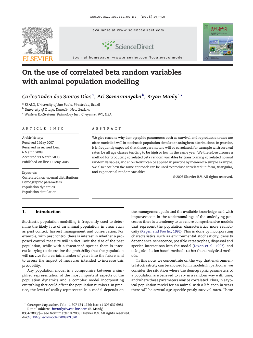 On the use of correlated beta random variables with animal population modelling