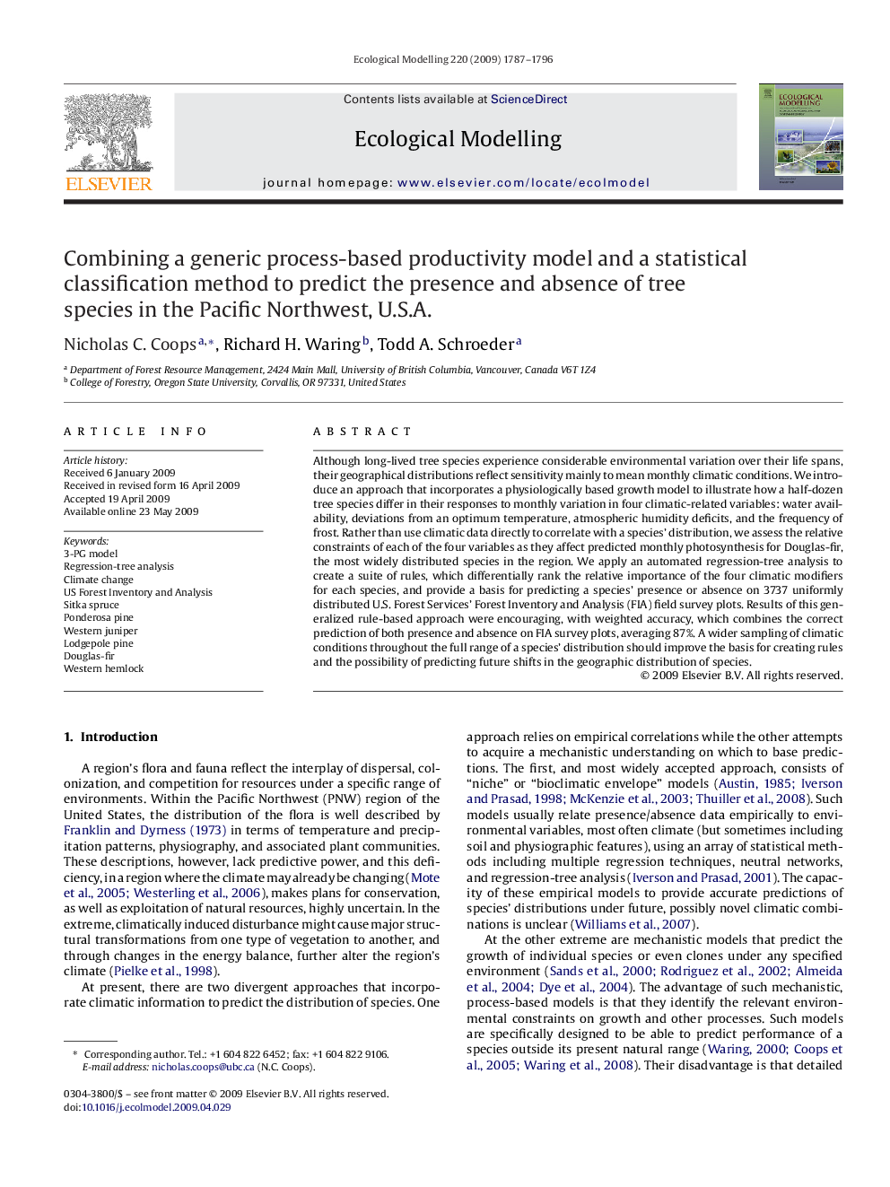 Combining a generic process-based productivity model and a statistical classification method to predict the presence and absence of tree species in the Pacific Northwest, U.S.A.