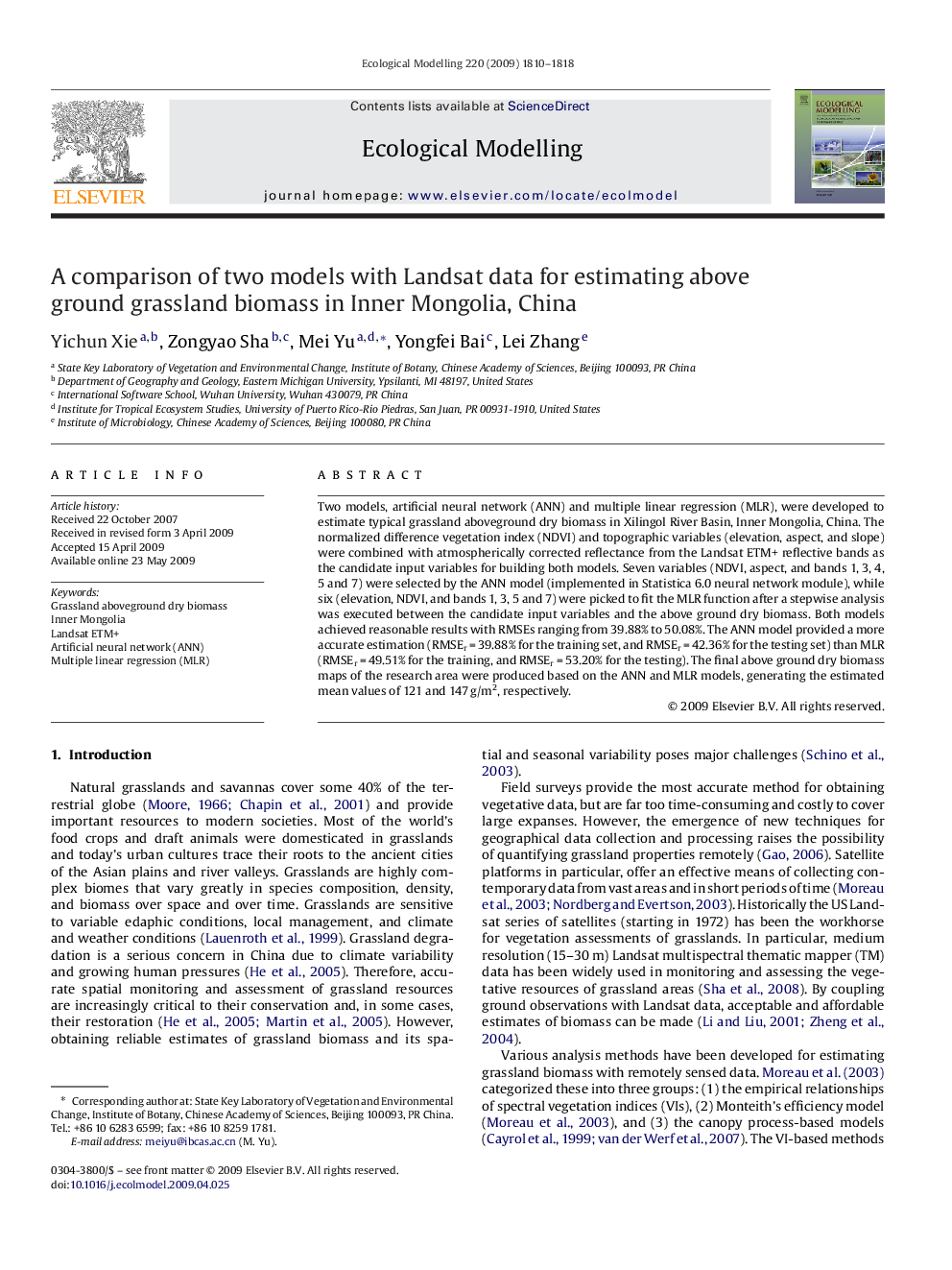 A comparison of two models with Landsat data for estimating above ground grassland biomass in Inner Mongolia, China