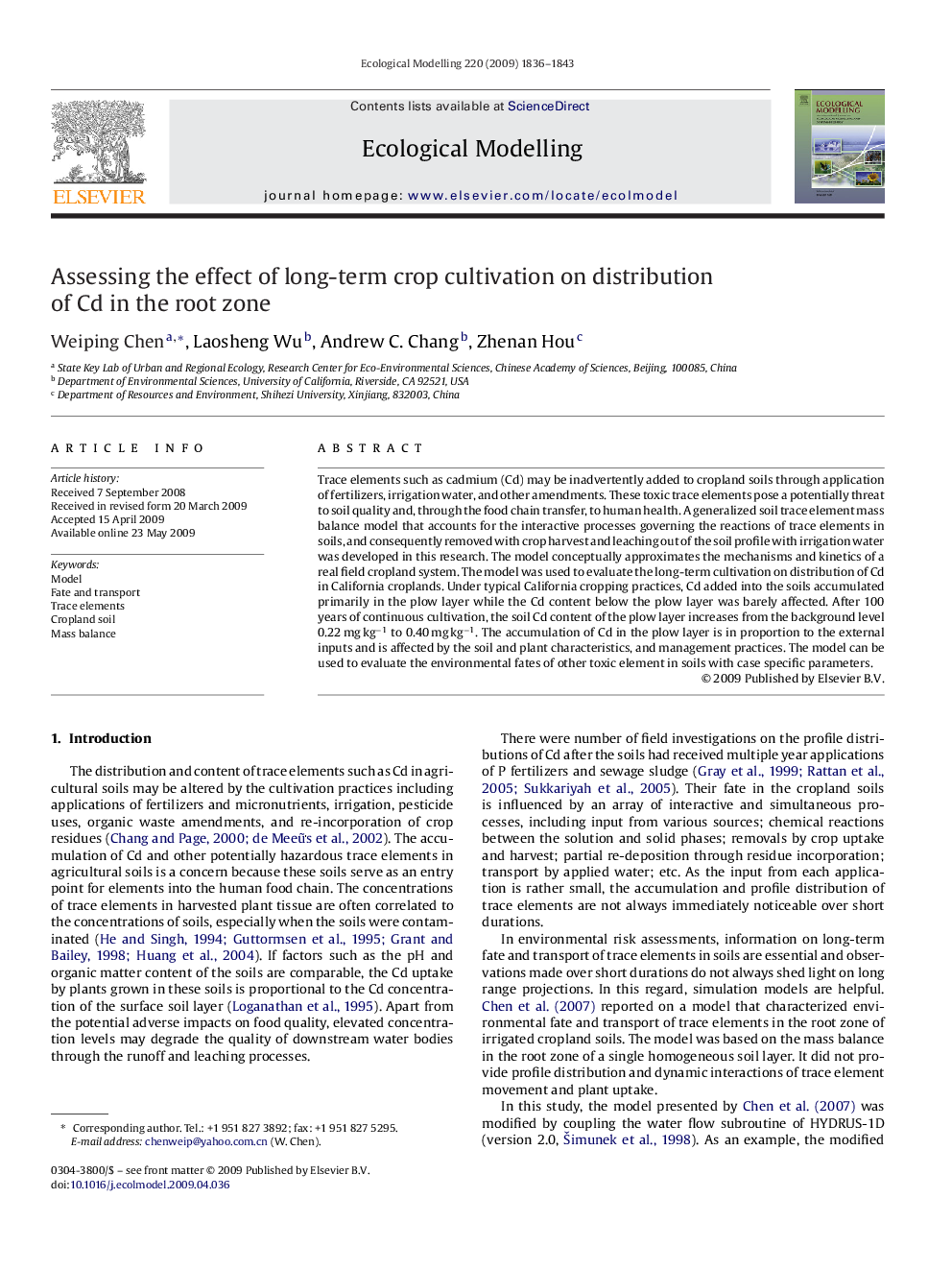 Assessing the effect of long-term crop cultivation on distribution of Cd in the root zone