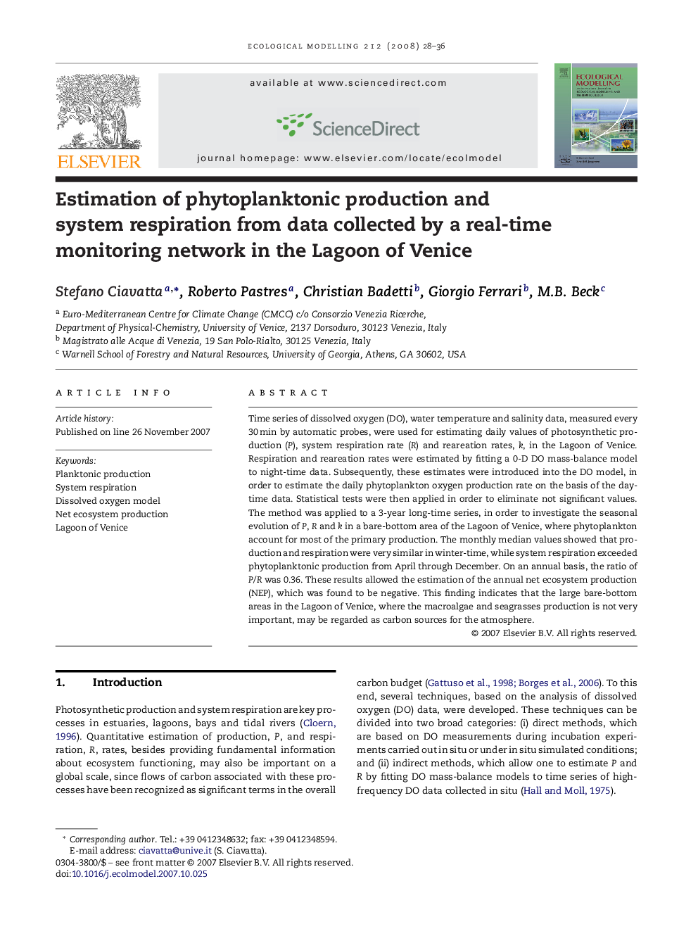 Estimation of phytoplanktonic production and system respiration from data collected by a real-time monitoring network in the Lagoon of Venice