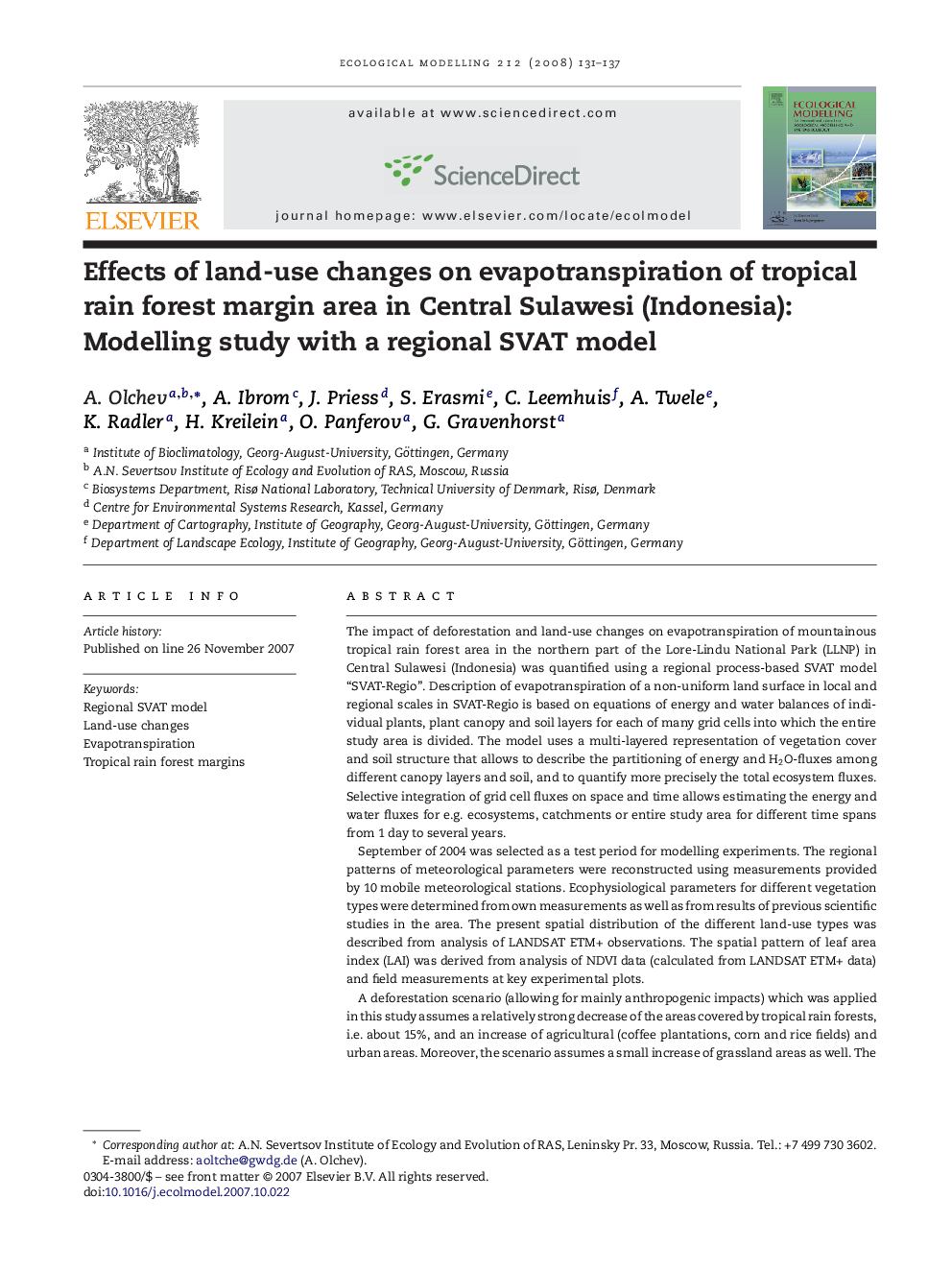 Effects of land-use changes on evapotranspiration of tropical rain forest margin area in Central Sulawesi (Indonesia): Modelling study with a regional SVAT model