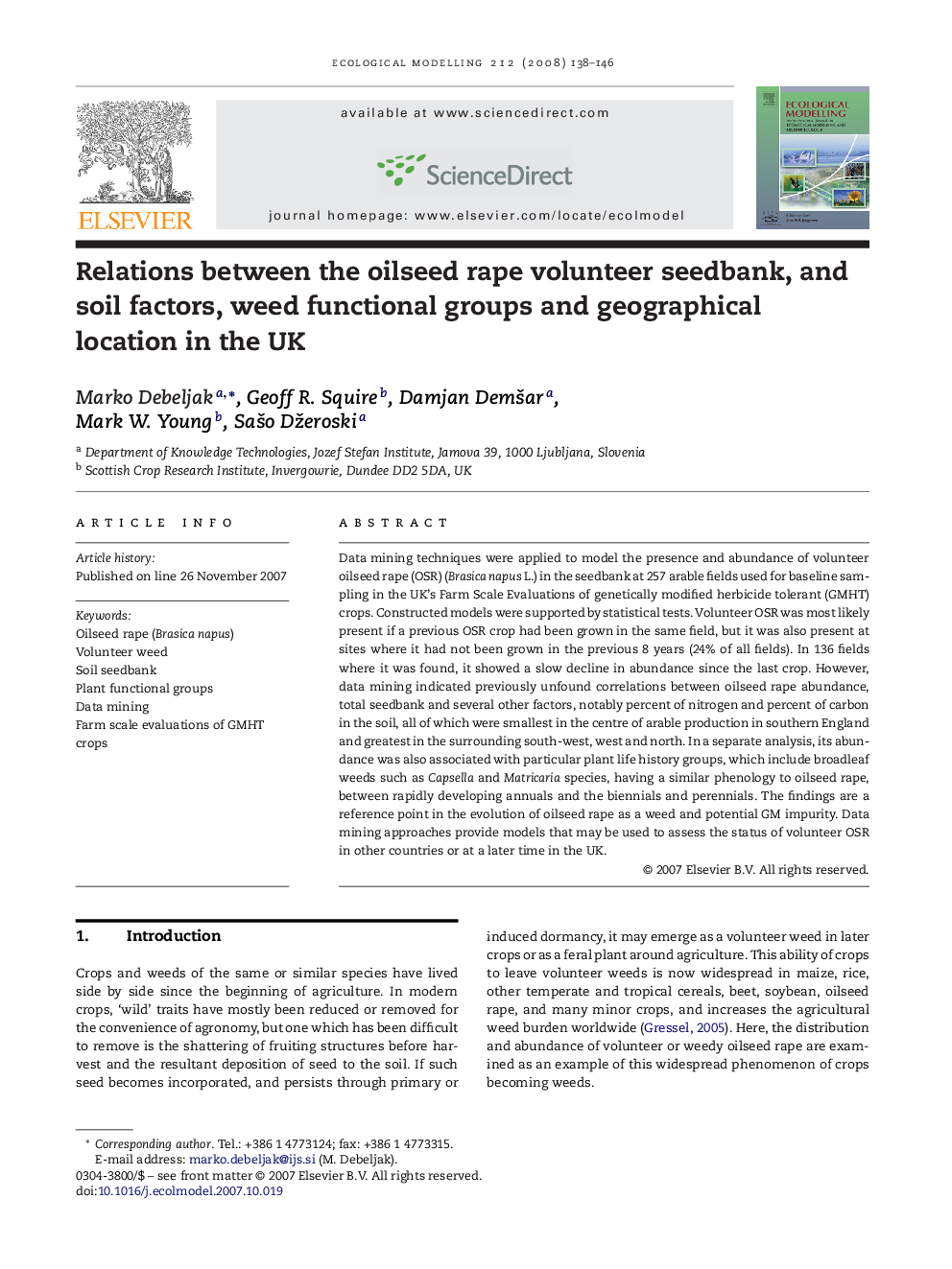 Relations between the oilseed rape volunteer seedbank, and soil factors, weed functional groups and geographical location in the UK