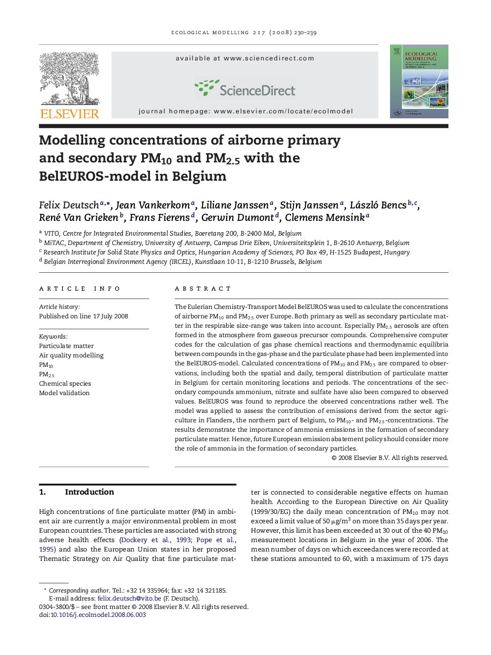 Modelling concentrations of airborne primary and secondary PM10 and PM2.5 with the BelEUROS-model in Belgium