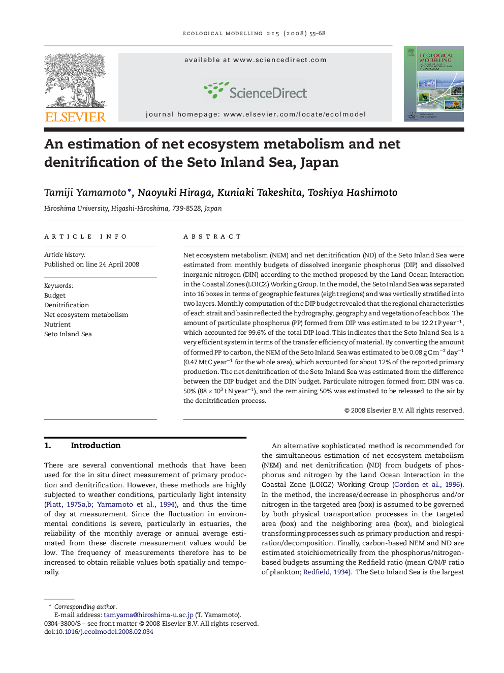 An estimation of net ecosystem metabolism and net denitrification of the Seto Inland Sea, Japan