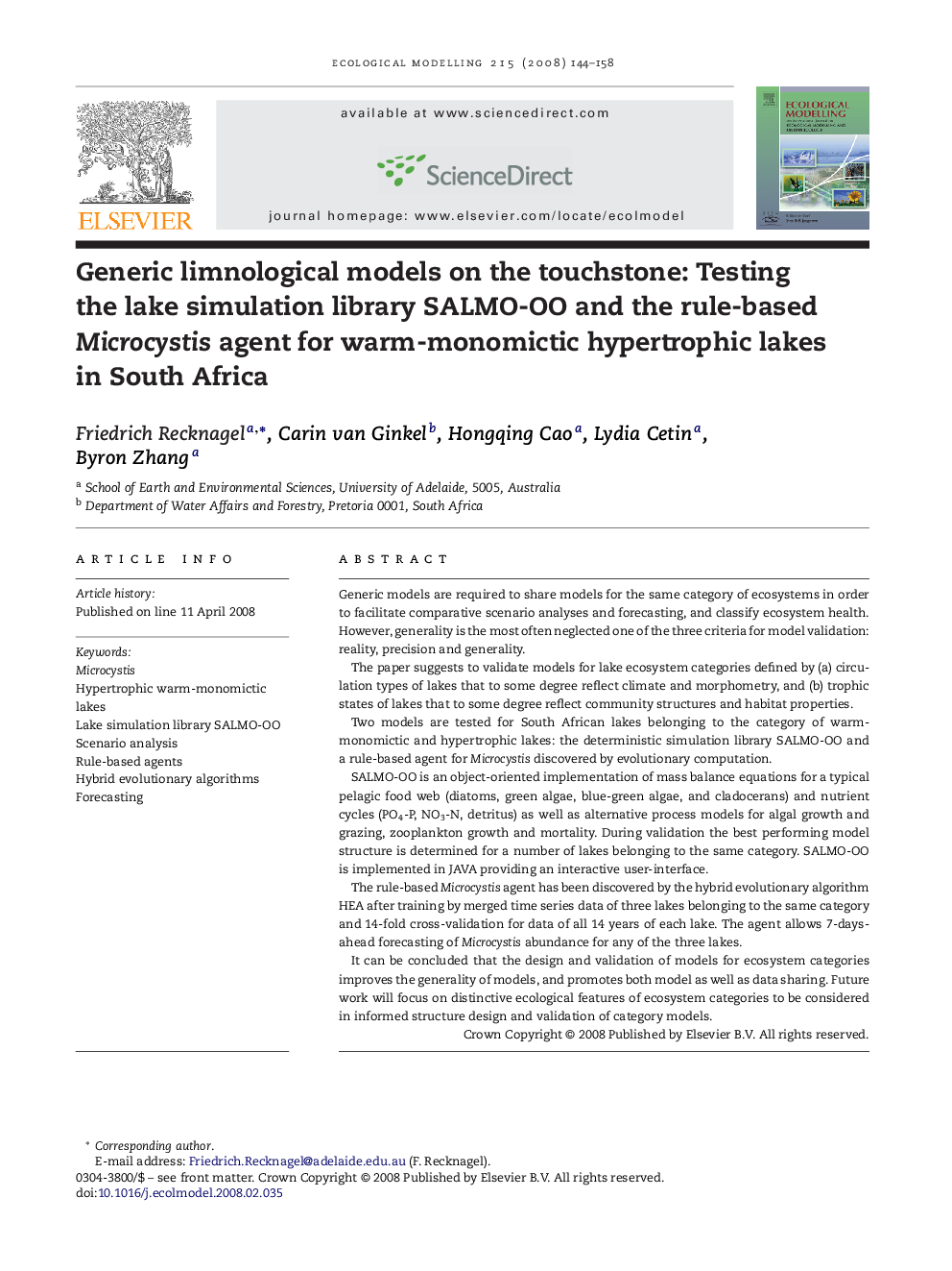 Generic limnological models on the touchstone: Testing the lake simulation library SALMO-OO and the rule-based Microcystis agent for warm-monomictic hypertrophic lakes in South Africa