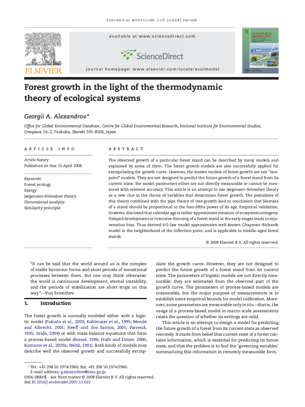 Forest growth in the light of the thermodynamic theory of ecological systems