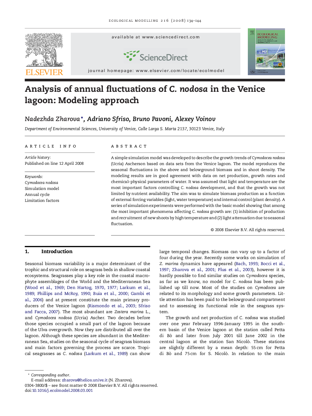 Analysis of annual fluctuations of C. nodosa in the Venice lagoon: Modeling approach