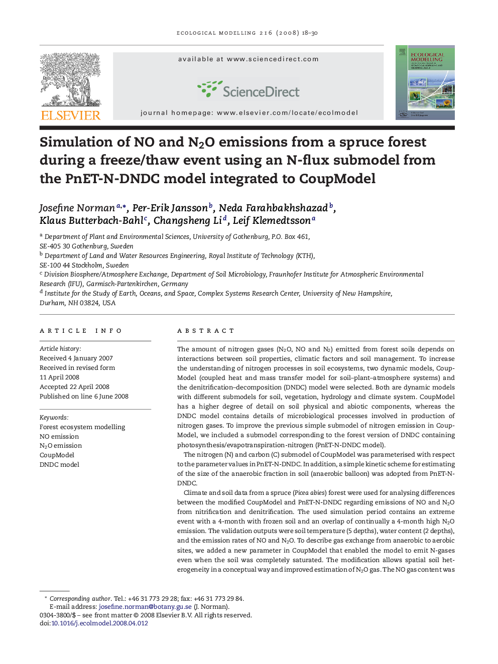 Simulation of NO and N2O emissions from a spruce forest during a freeze/thaw event using an N-flux submodel from the PnET-N-DNDC model integrated to CoupModel